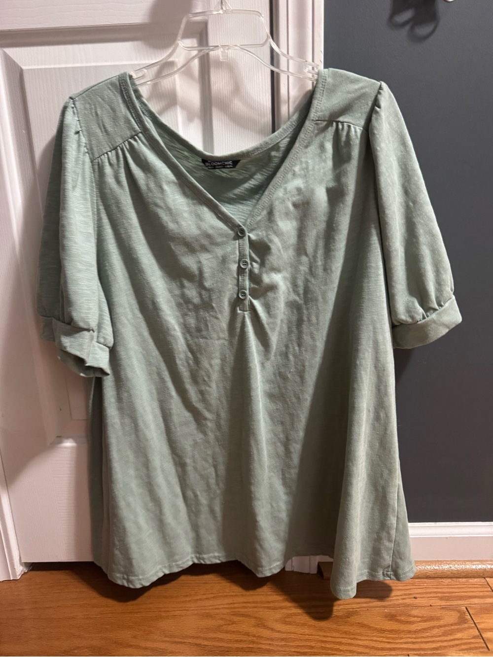 BloomChic Sage Green V-Neck Henley Short Sleeve Top
